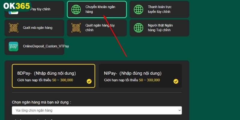Nạp tiền OK365 qua ngân hàng trực tuyến